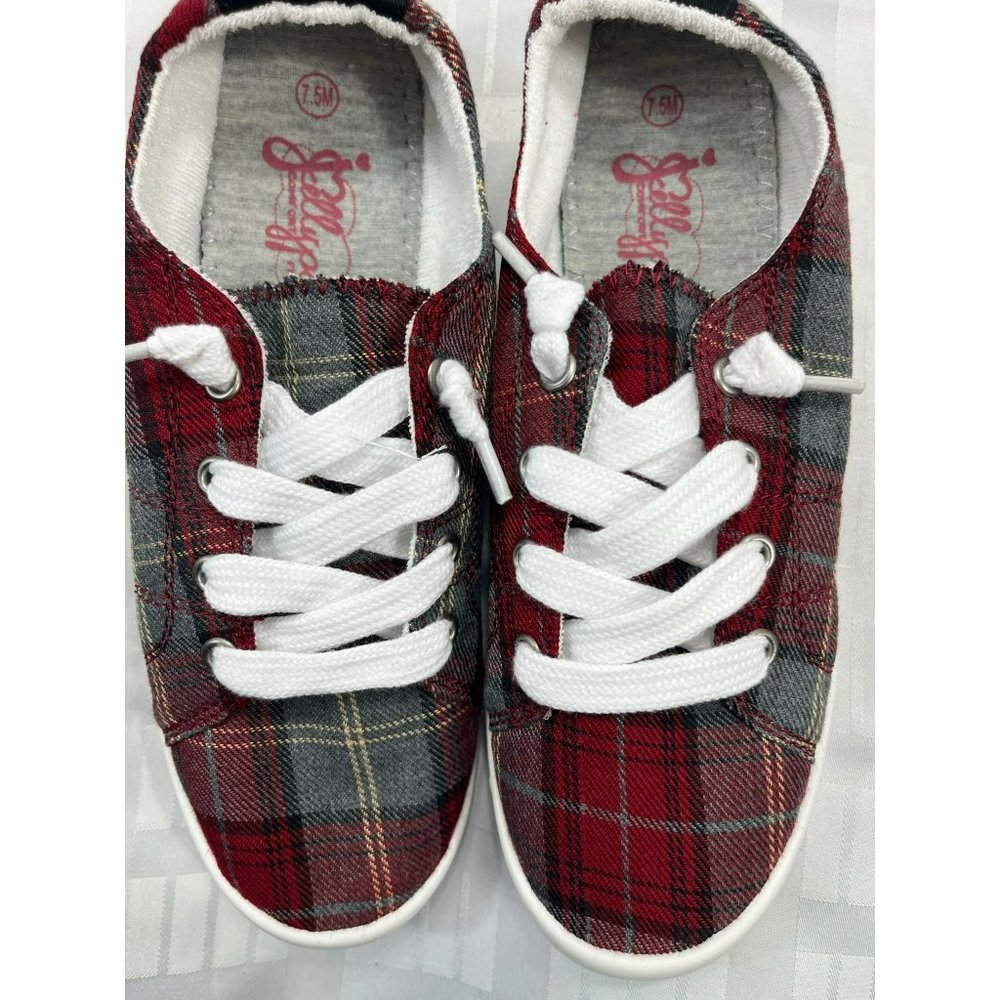 Jellypop Dallas Lace Up Sneakers, color plaid red grey, size 7.5M